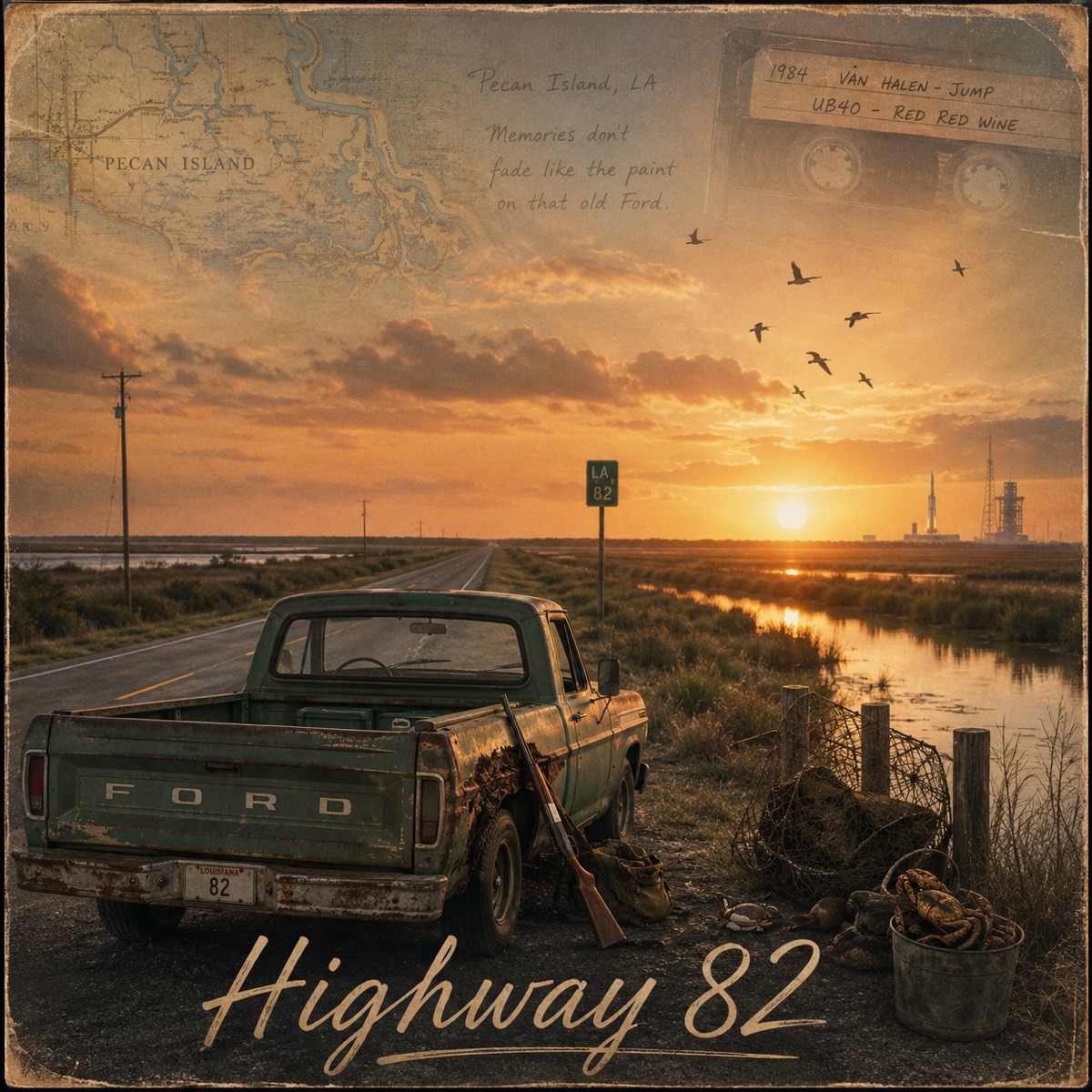Highway 82 cover art — a rusted green Ford pickup parked on the shoulder of Louisiana Highway 82 near Pecan Island at sunset, crab traps and marsh water alongside