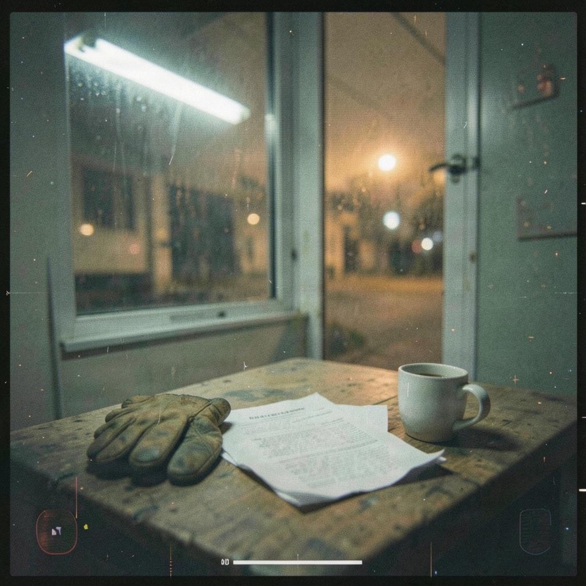 I Know This Road cover art — a worn break-room table at night with work gloves, a folded paper and a coffee mug, rain on the window