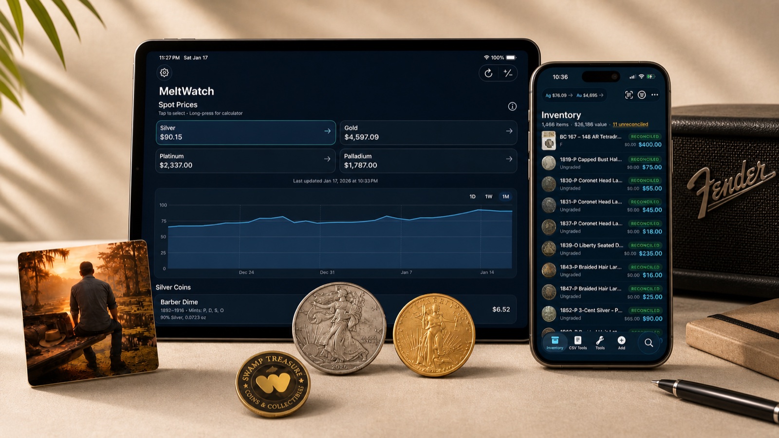 iPad showing MeltWatch spot prices, iPhone showing Reliqra inventory, silver and gold coins, a Swamp Treasure poker chip, an album cover, a Fender amp and a notebook on a warm tabletop