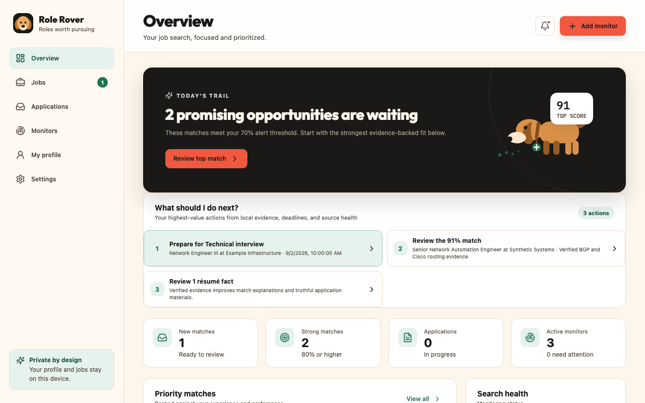 Role Rover — a job-search extension showing tracked monitors and ranked listings