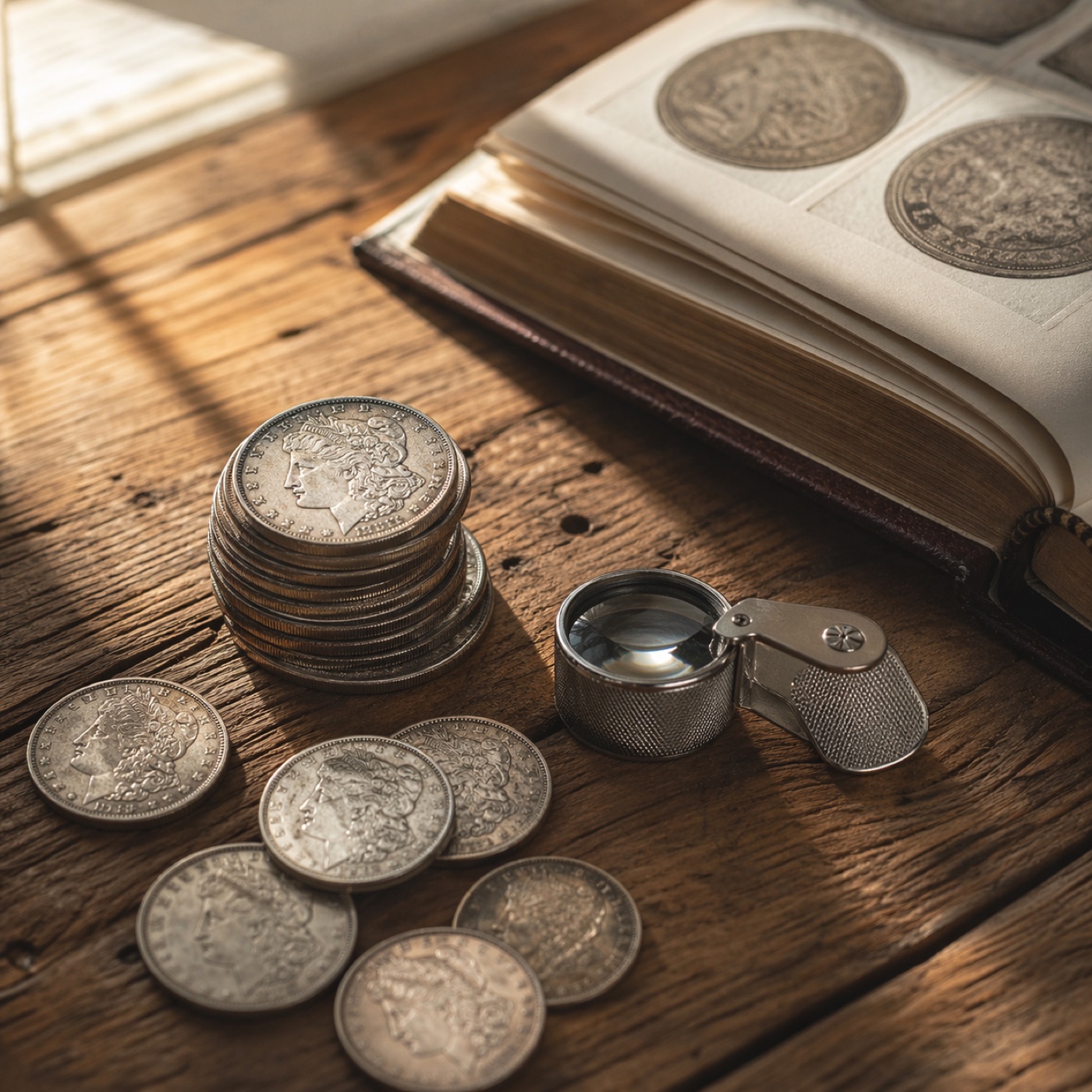 Swamp Treasure — Morgan dollars on a wooden desk with a coin album
